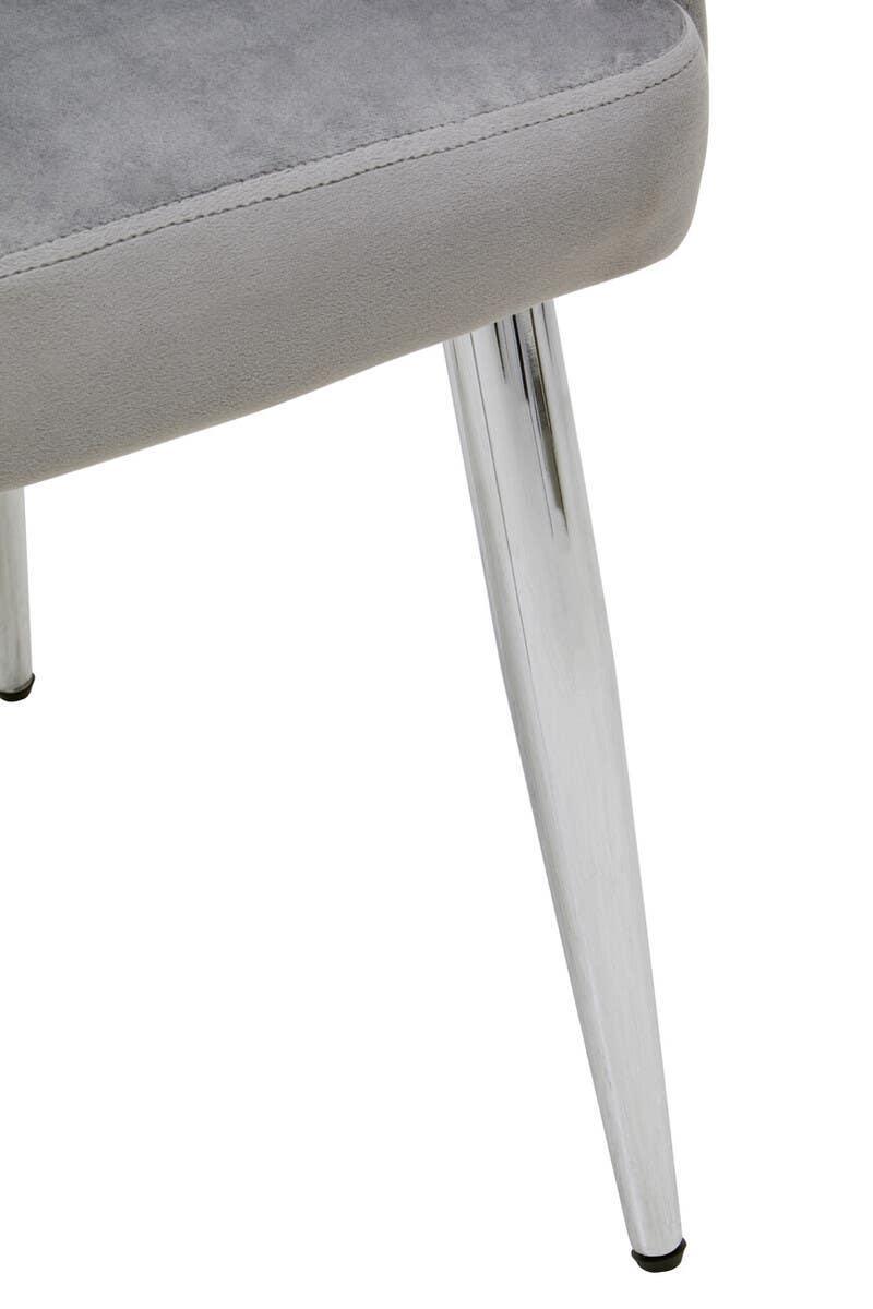 Grey upholstered chair seat with chrome metal legs, close-up of stitching and finish