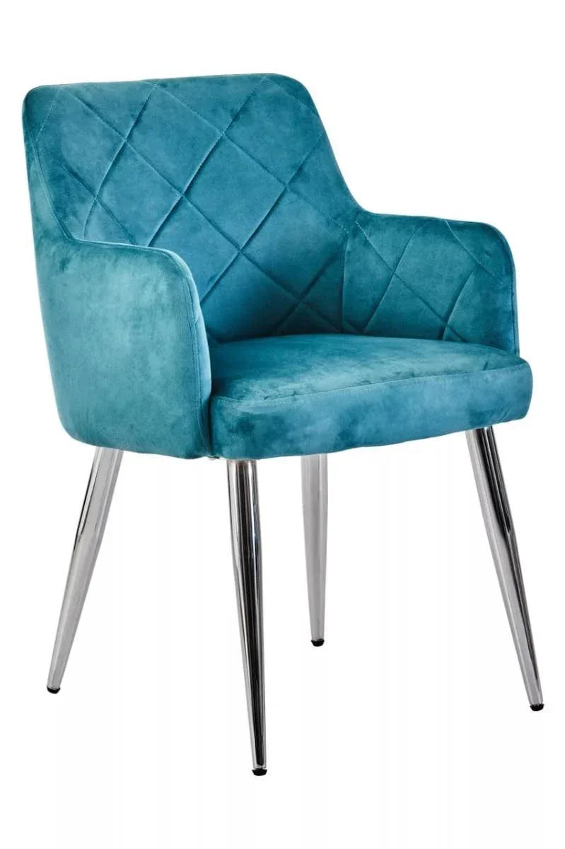 Blue velvet dining chair with quilted backrest and chrome legs
