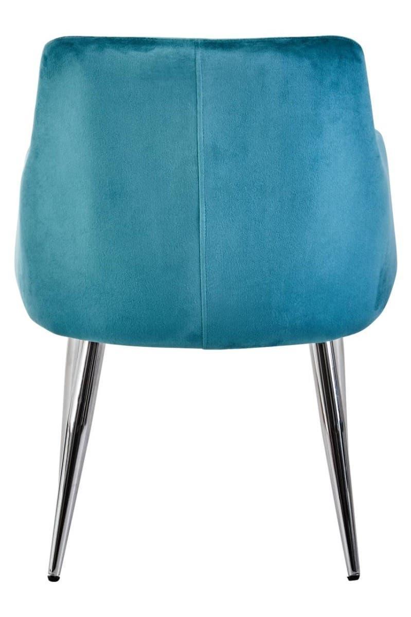 Back view of teal velvet dining chair with chrome legs