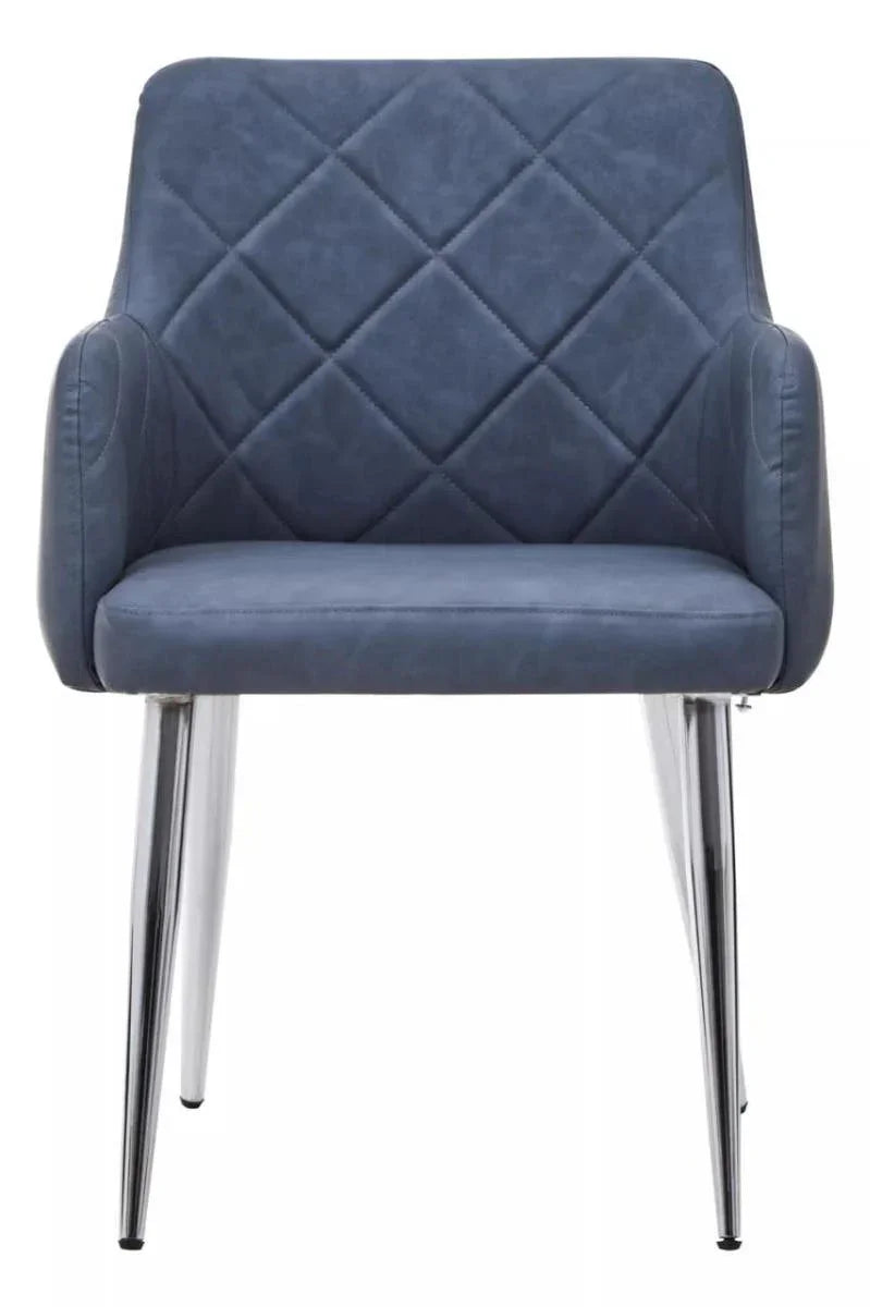 Blue upholstered dining chair with quilted backrest and chrome legs, front view