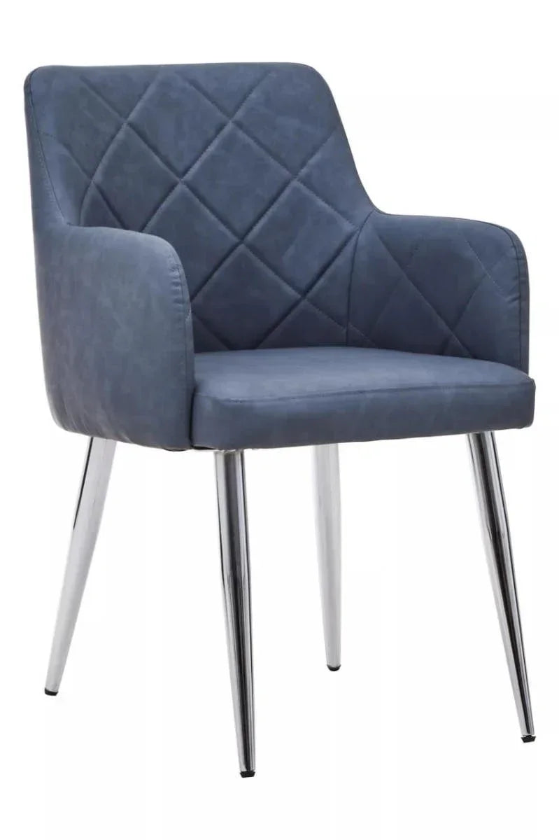 Blue fabric dining chair with quilted backrest and chrome metal legs