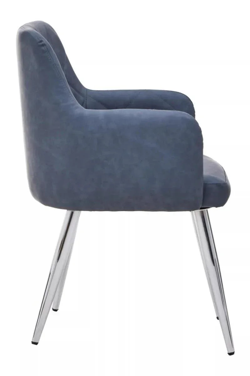 Blue upholstered dining chair with chrome legs, side view