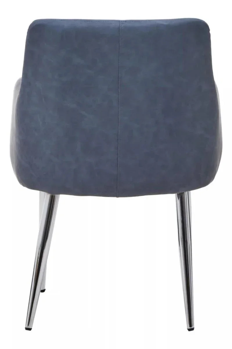 Rear view of blue upholstered dining chair with chrome legs