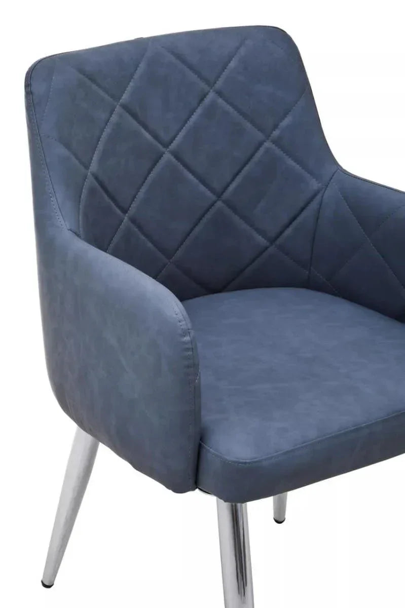 Blue upholstered dining chair with quilted backrest and chrome legs, front angle view