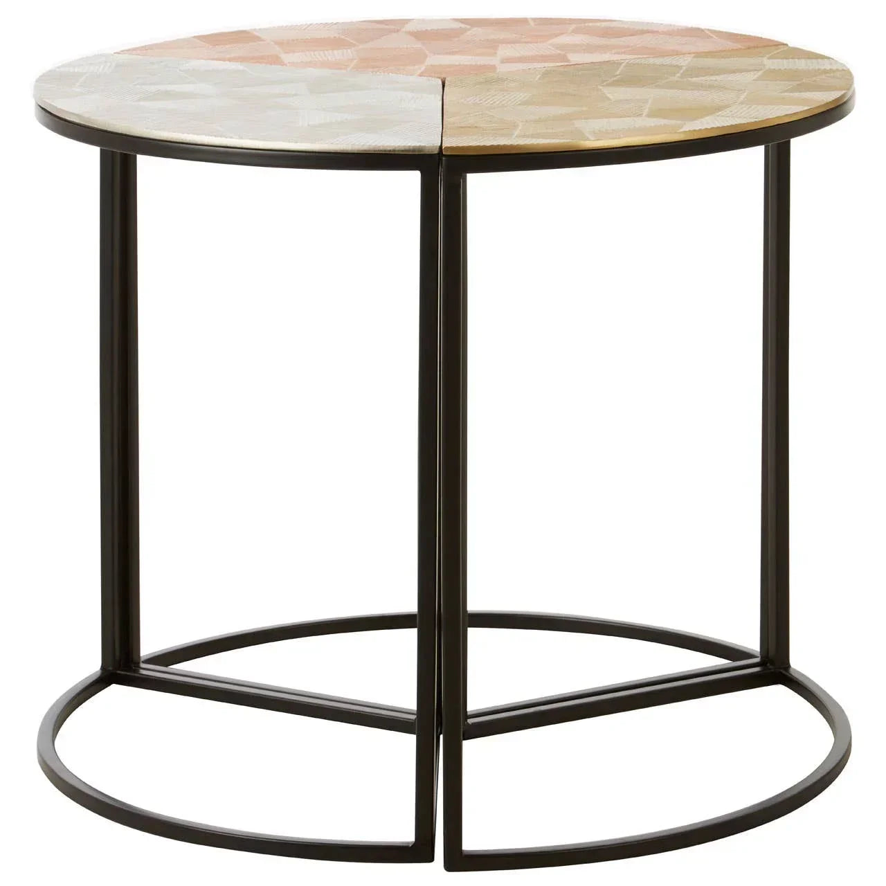 round side table with geometric wood top and black metal frame