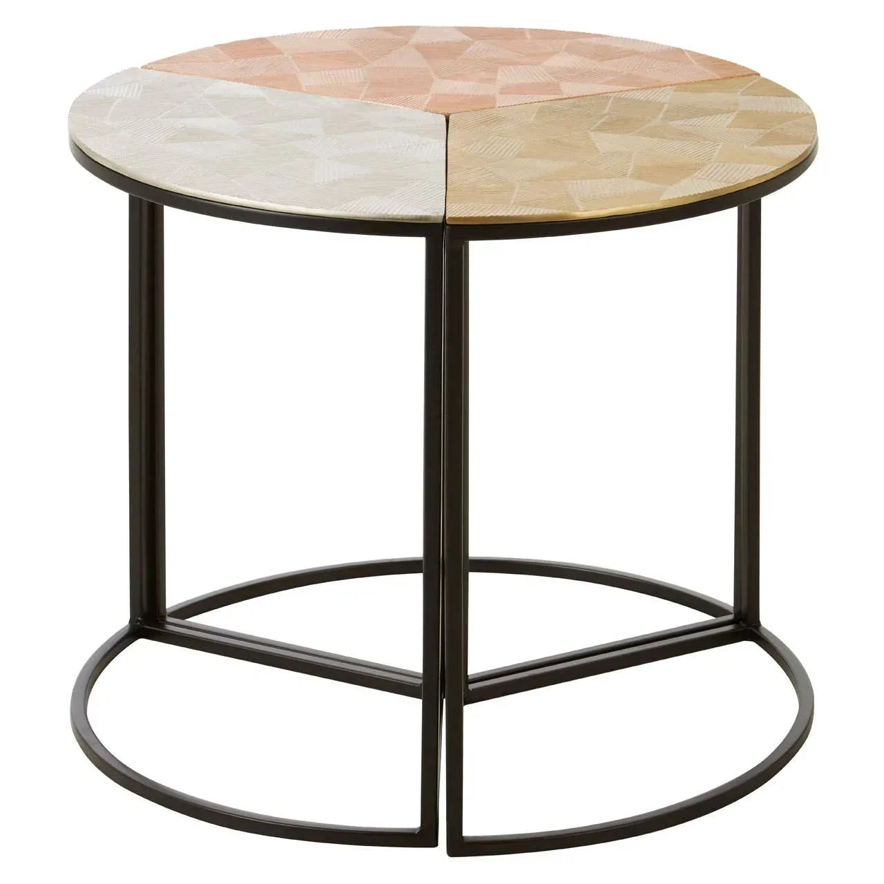 Round accent table with geometric patterned wood top and black metal frame
