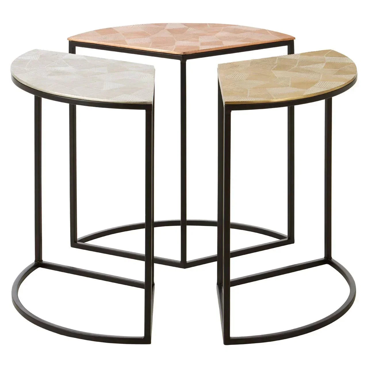Set of three geometric nesting side tables with metal frames and patterned tops in mixed colors