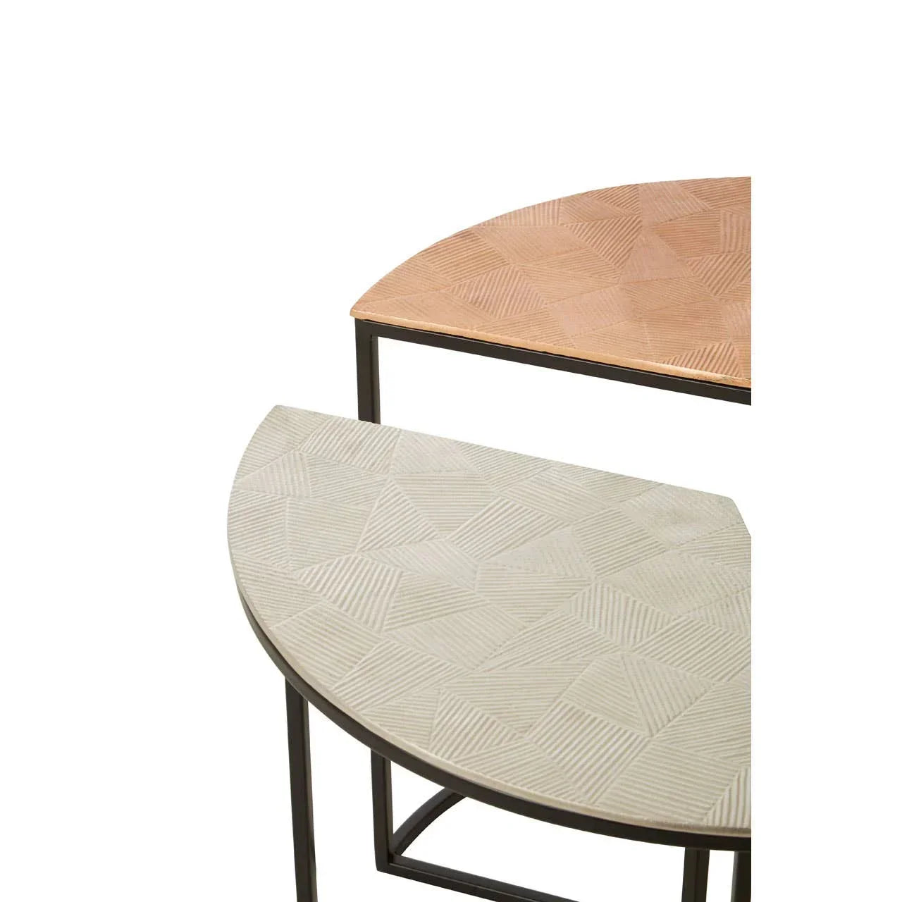 Set of two geometric patterned half-moon side tables with metal legs, natural finish