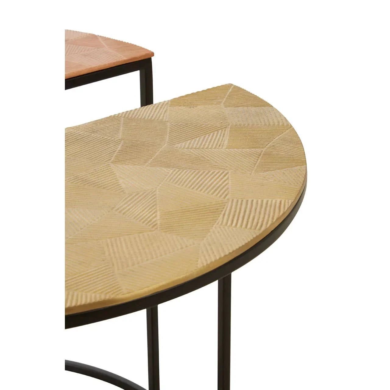 Round side table with textured wooden top and black metal legs, close-up angle