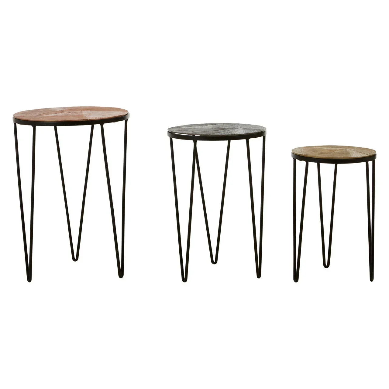 Set of three round nesting side tables with wooden tops and black metal hairpin legs