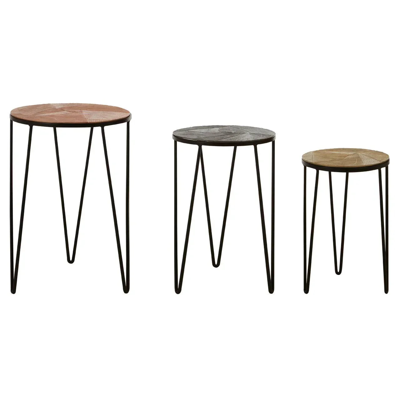 Set of three round nesting side tables with wood tops and black metal hairpin legs