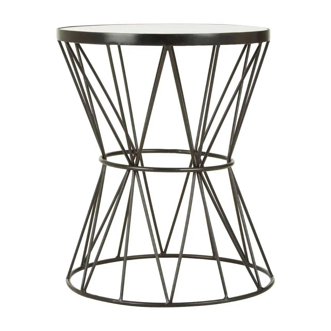 Round metal side table with geometric wire frame and black finish