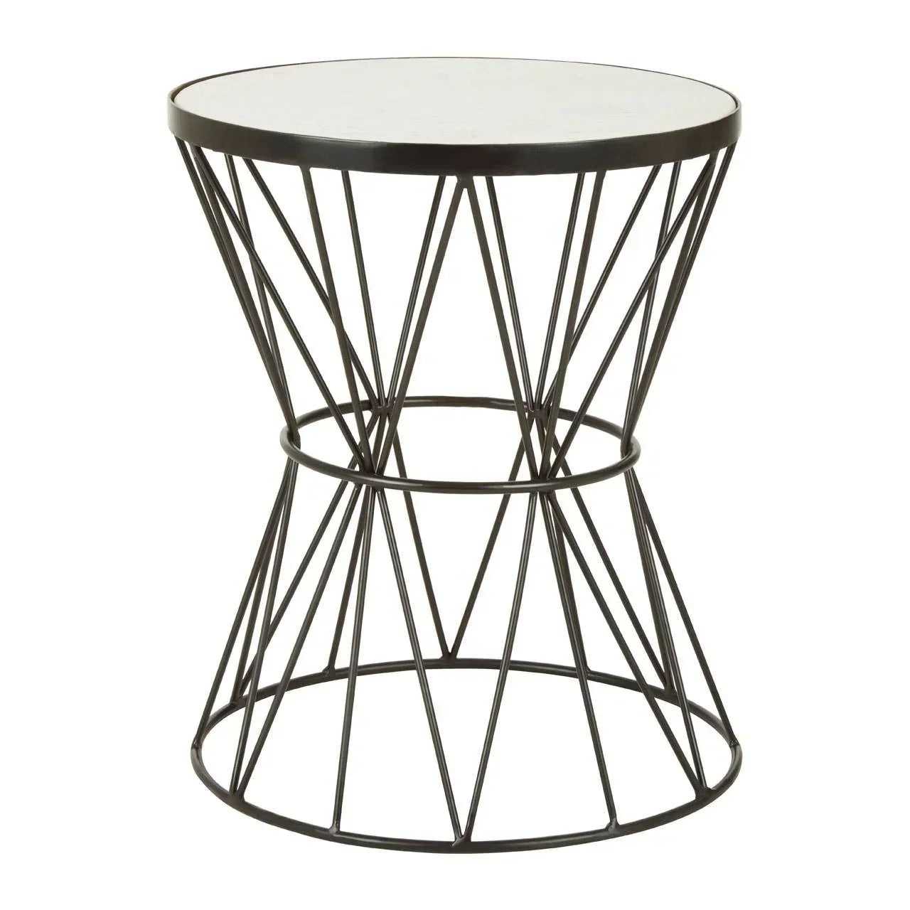 Round metal side table with geometric wire base and black top