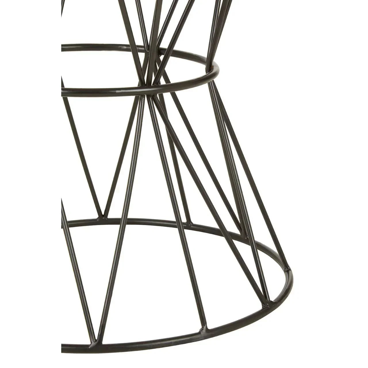 Black metal wire dining table base with geometric design, close up view