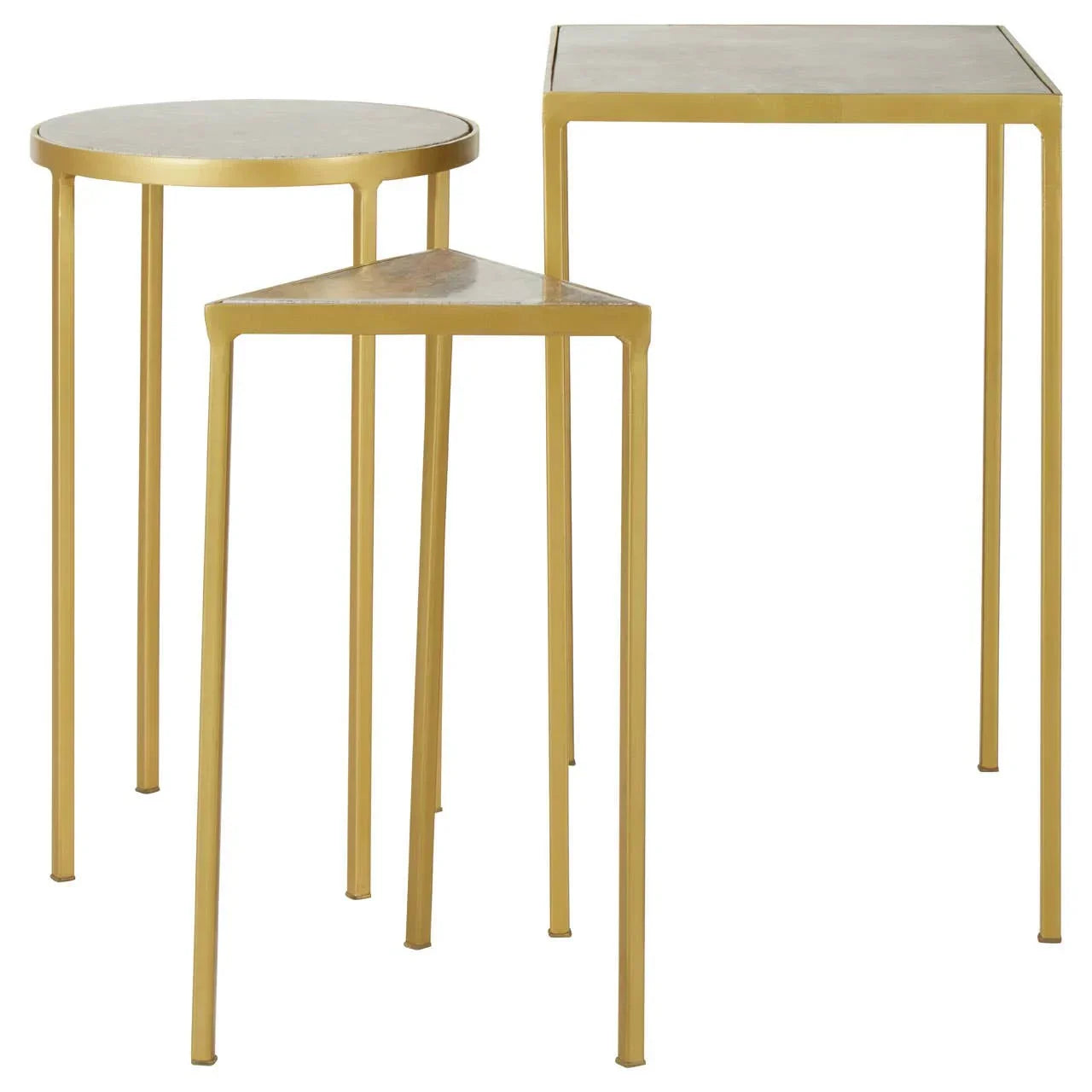 Set of three gold side tables with round, triangular, and square tops