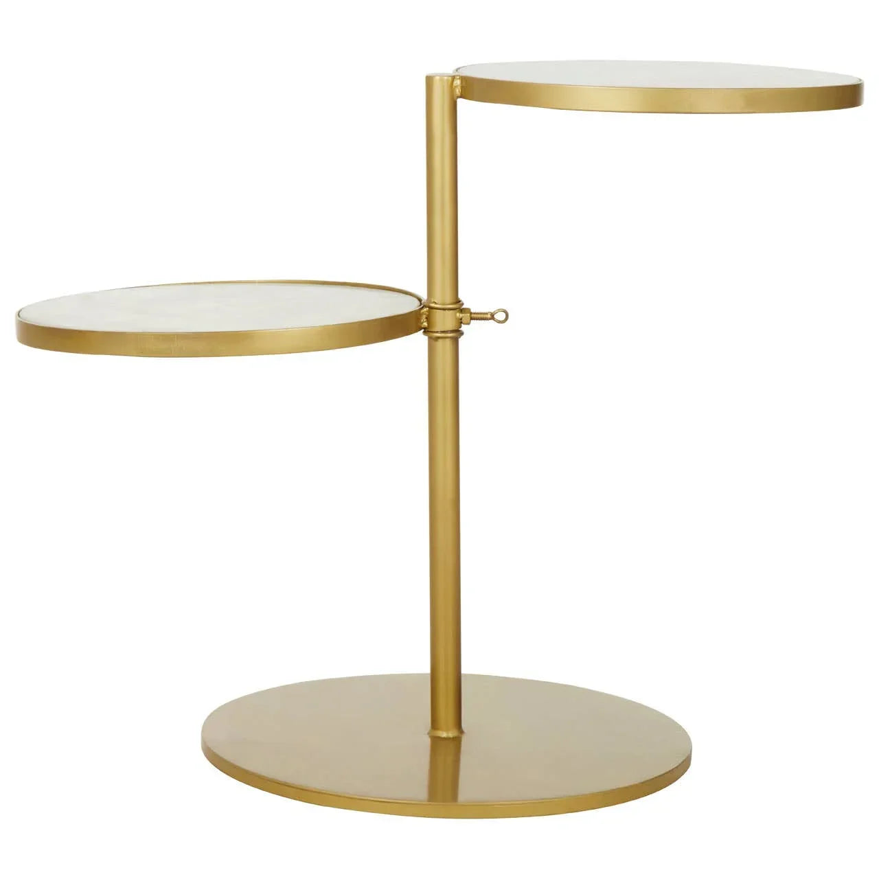 Gold metal side table with two round adjustable tiers and circular base