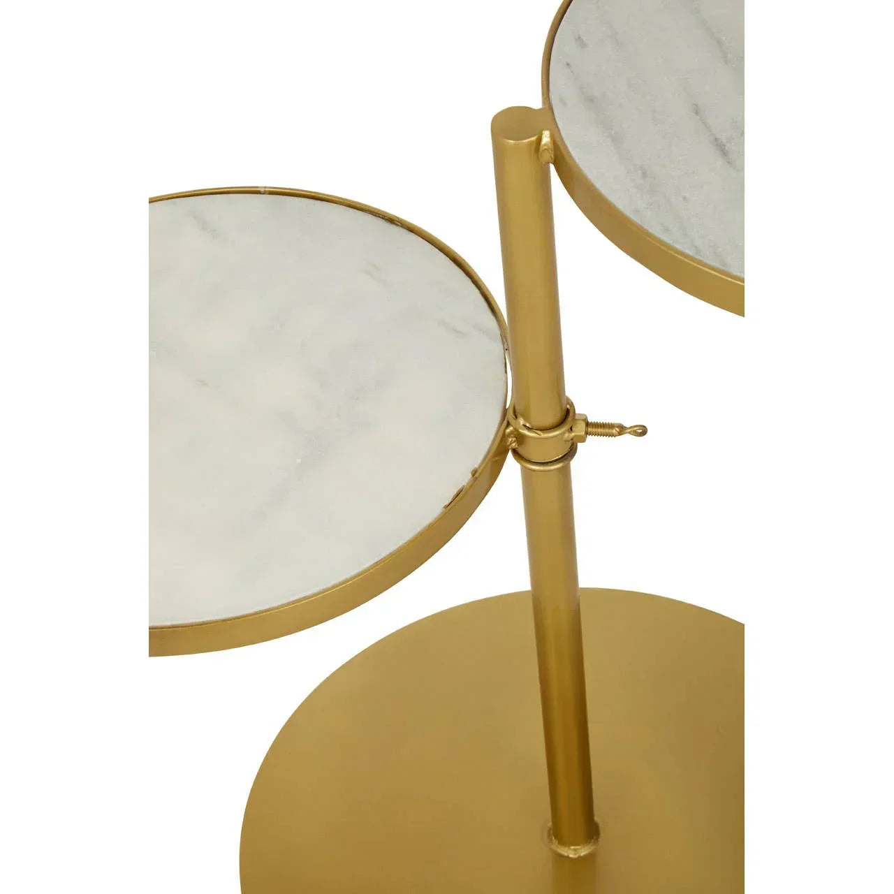 Round marble and gold side table with dual-tier design, close-up of tabletop surfaces