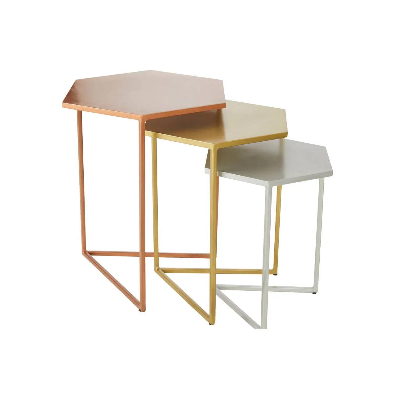 Set of three hexagonal metal nesting tables in copper, gold and silver finishes