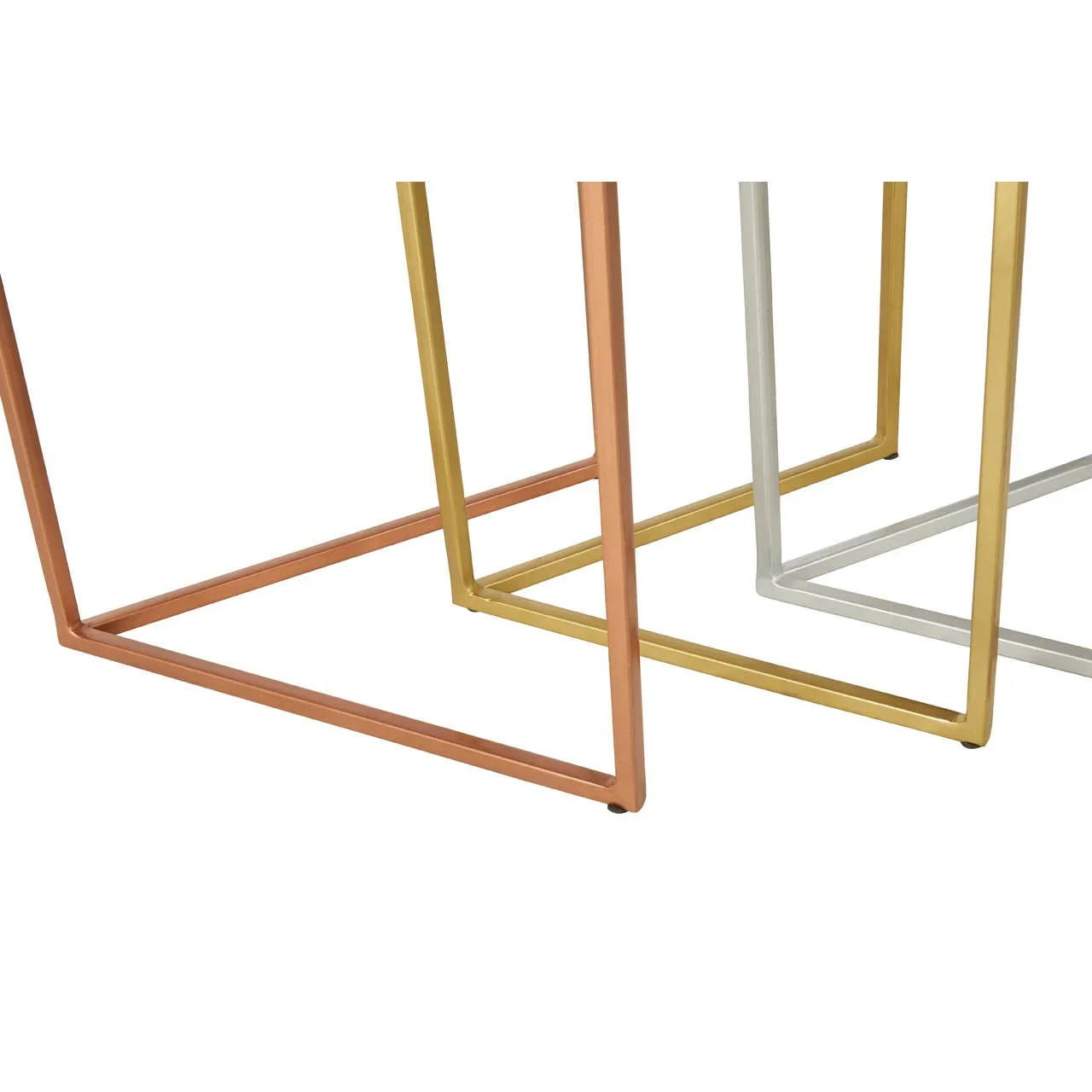 Metal nest of tables with copper, gold, and silver square frames, close-up view