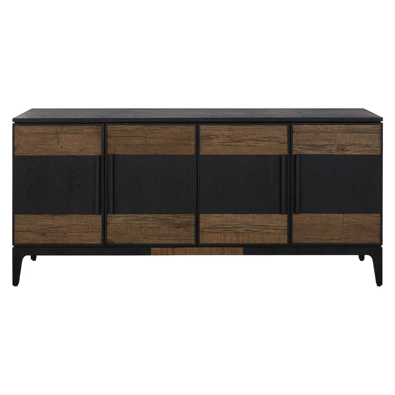 Black and wood sideboard cabinet with four doors and modern metal legs