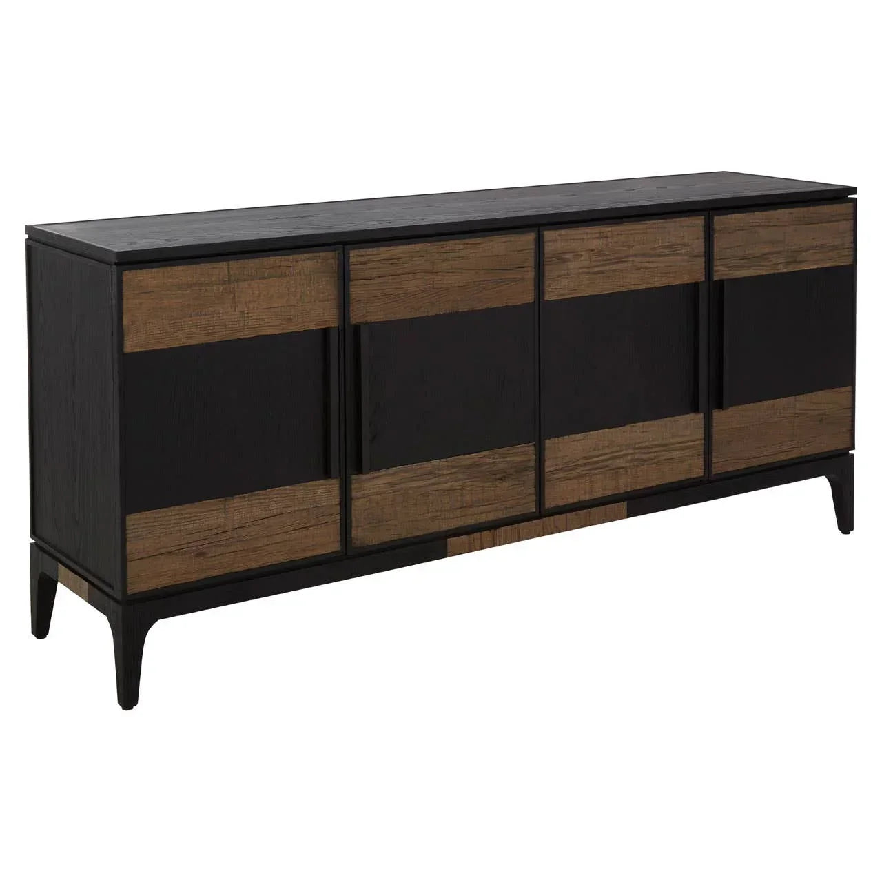 Black and wood sideboard with four doors and angled legs, modern dining room storage cabinet