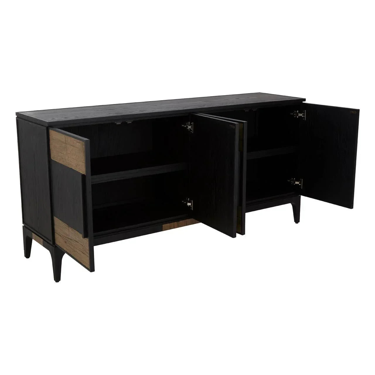Black wooden sideboard with two open cabinet doors and internal shelving