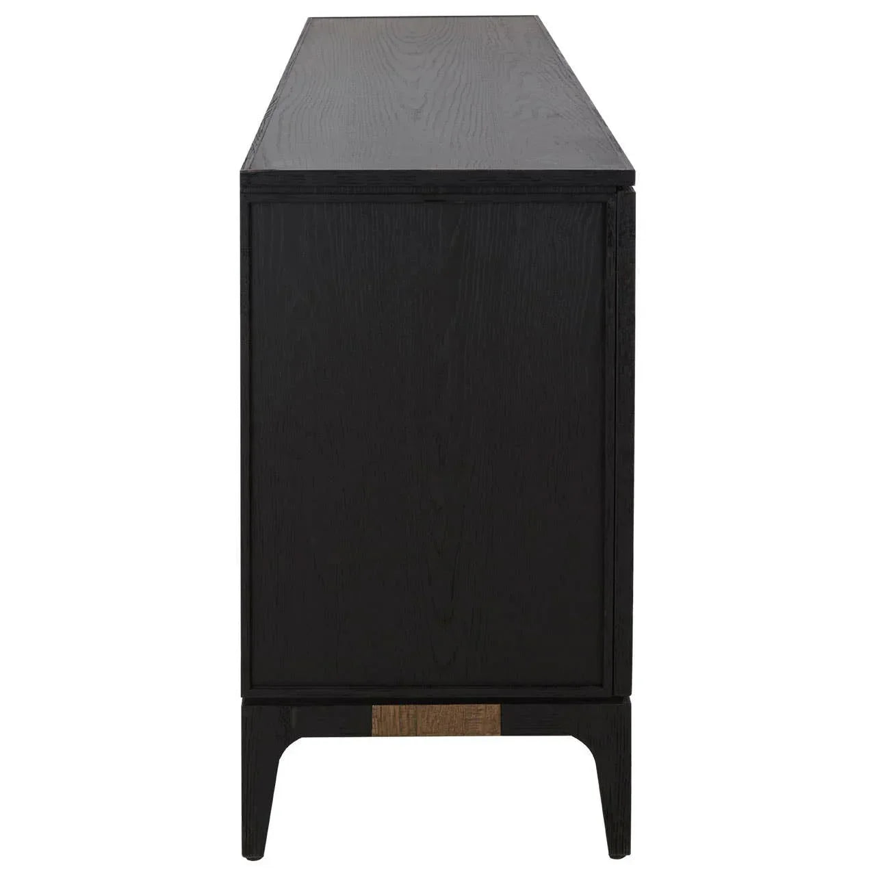 Side view of black wooden sideboard with simple legs and visible wood grain