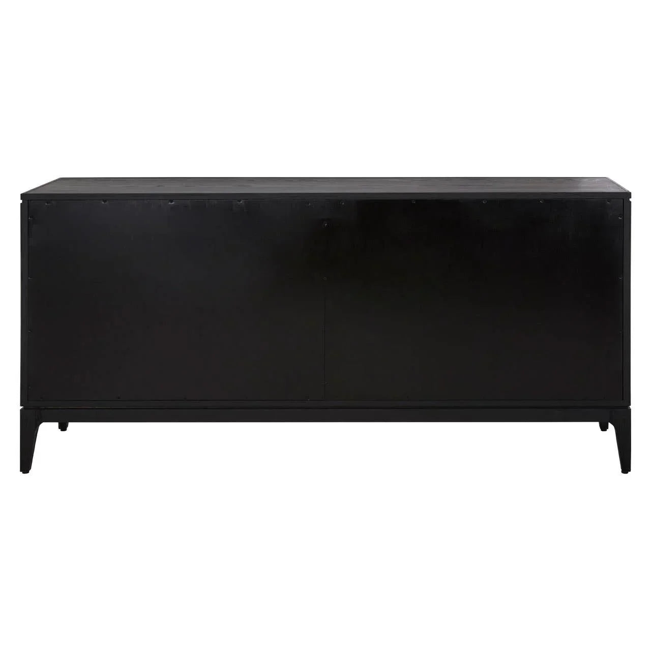 Black metal sideboard cabinet with flat front and minimalist legs, rear view