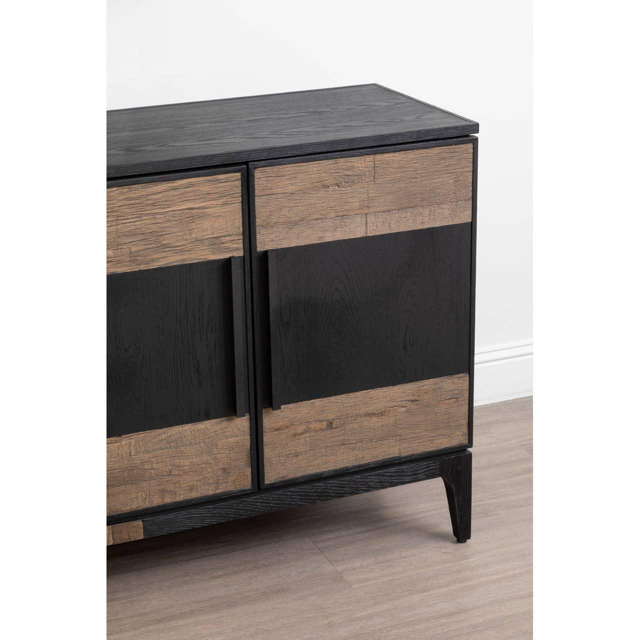 Modern sideboard with black and natural wood finish, featuring two doors and straight legs