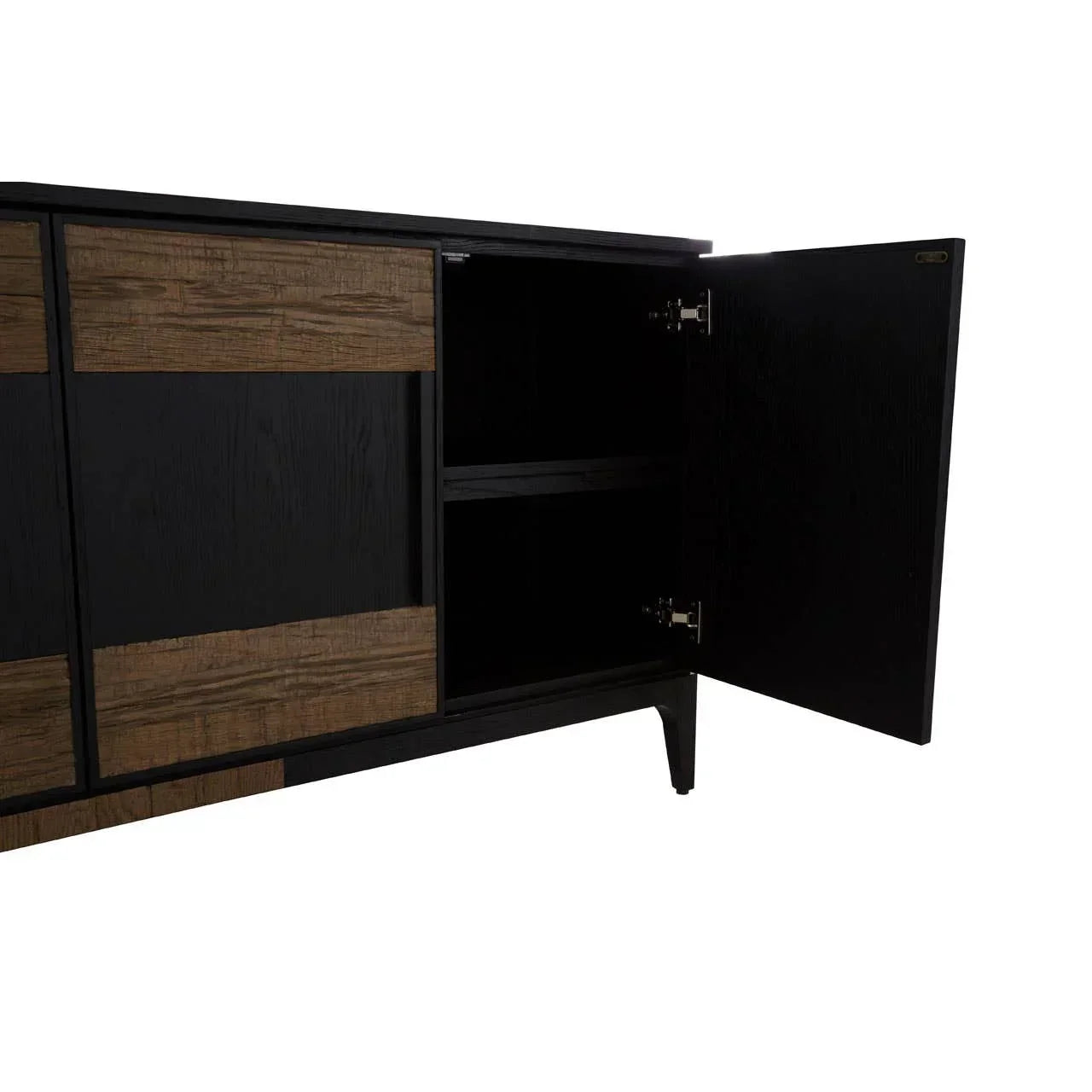 Black and wood sideboard with storage shelves and open cupboard door