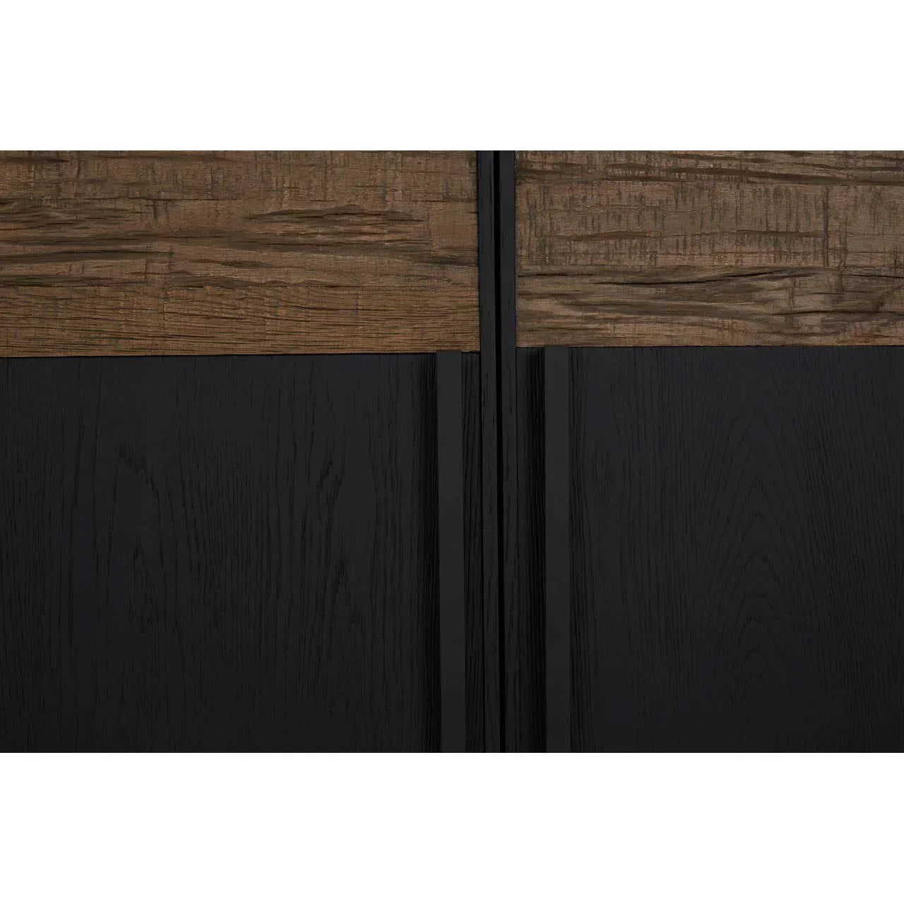 Close-up of black wood cabinet doors with rustic oak panel accent