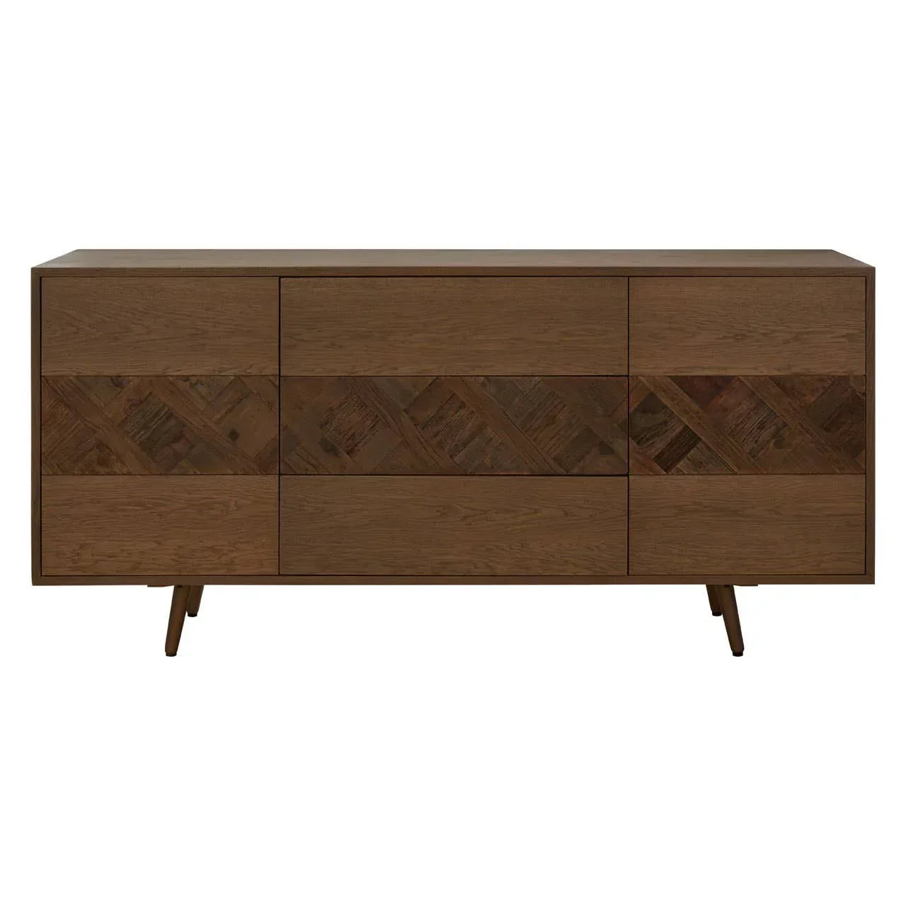 Mid-century modern wooden sideboard with chevron panel detail and angled legs