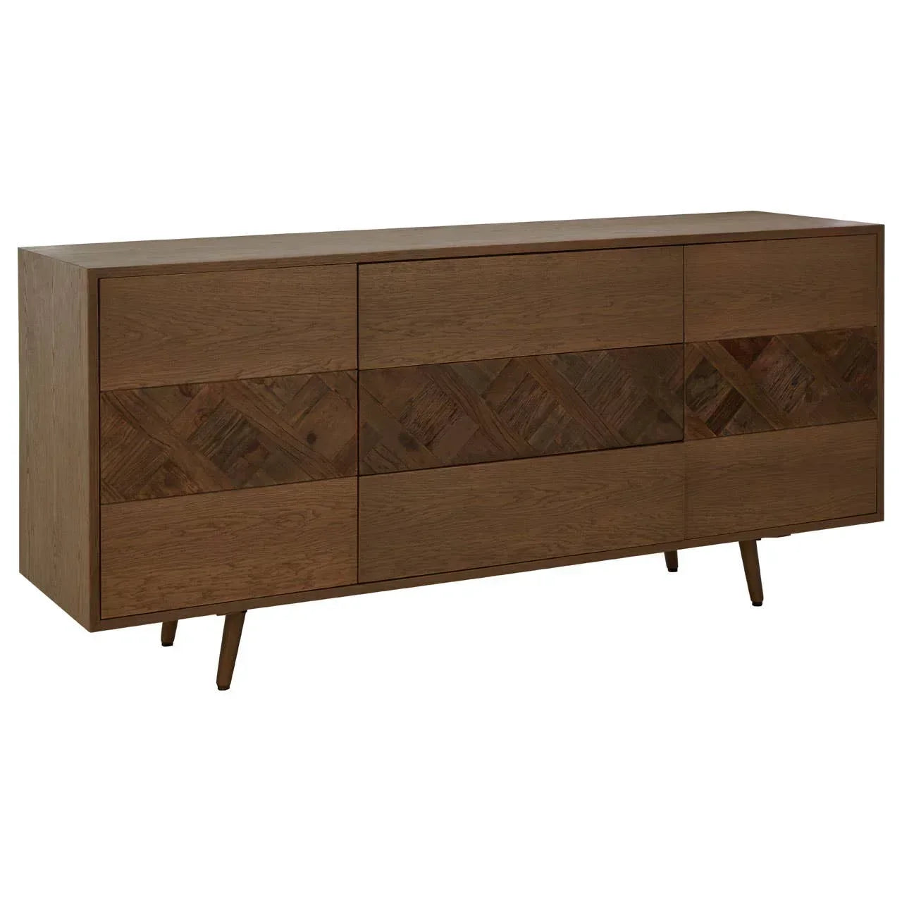 Brown wooden sideboard with six doors, chevron pattern panels, angled legs, front view