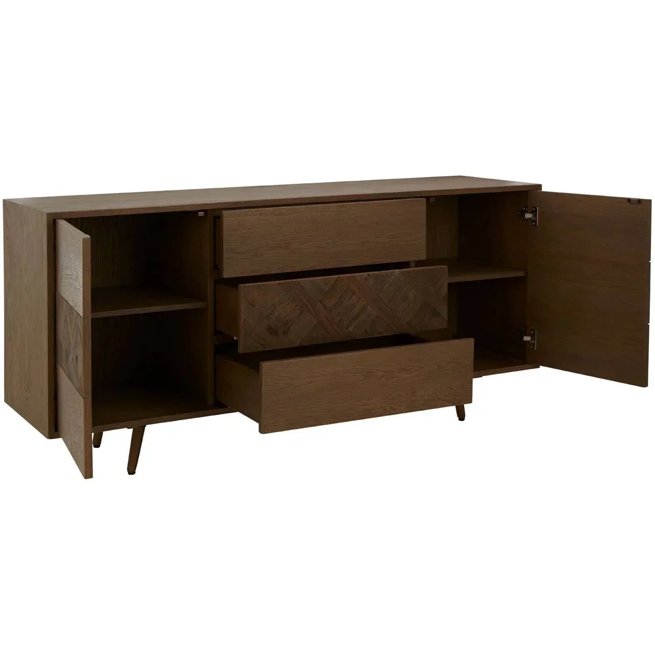 Mid-century modern wooden sideboard with open cabinet doors and drawers, dark finish