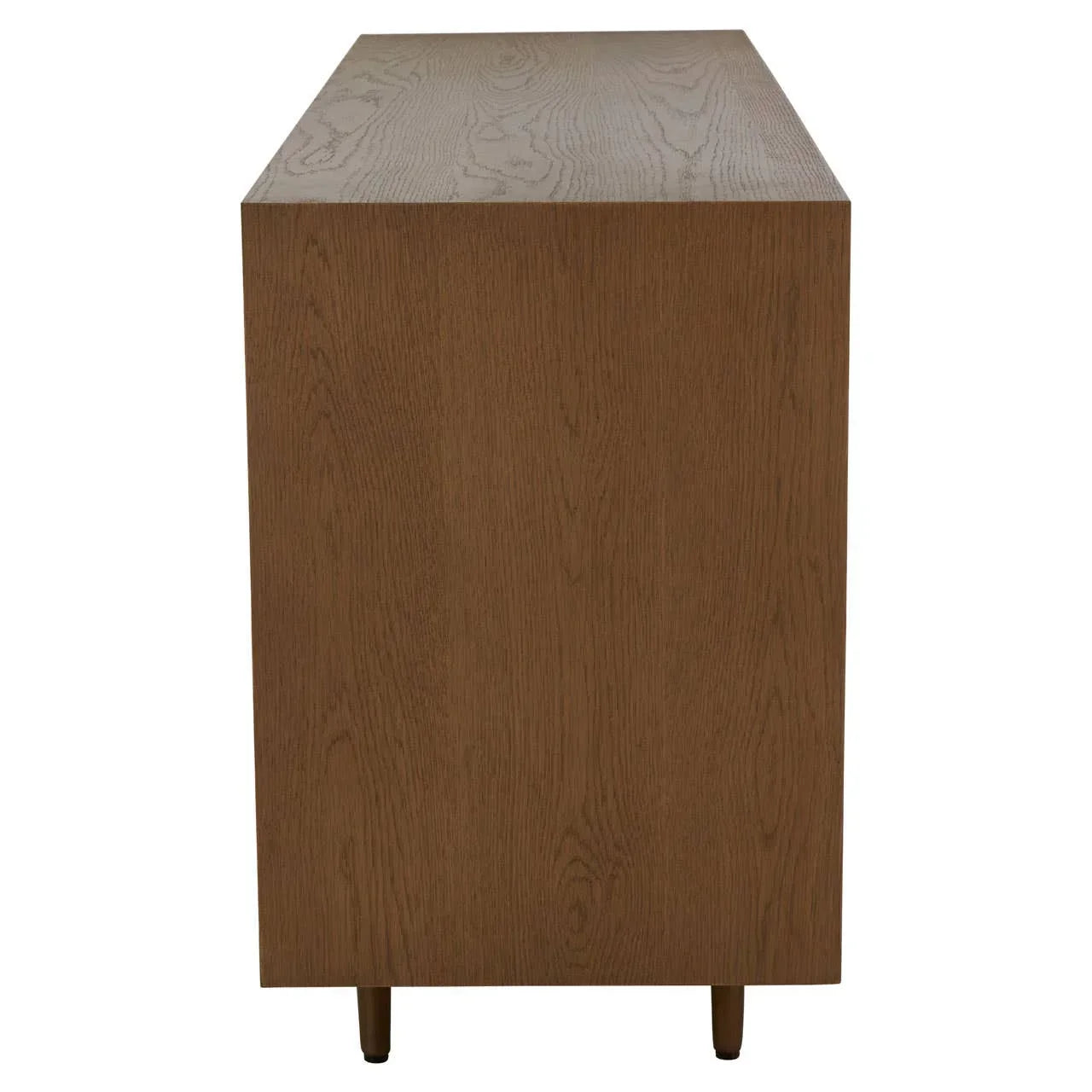 Side view of oak wood sideboard with natural grain and slim legs