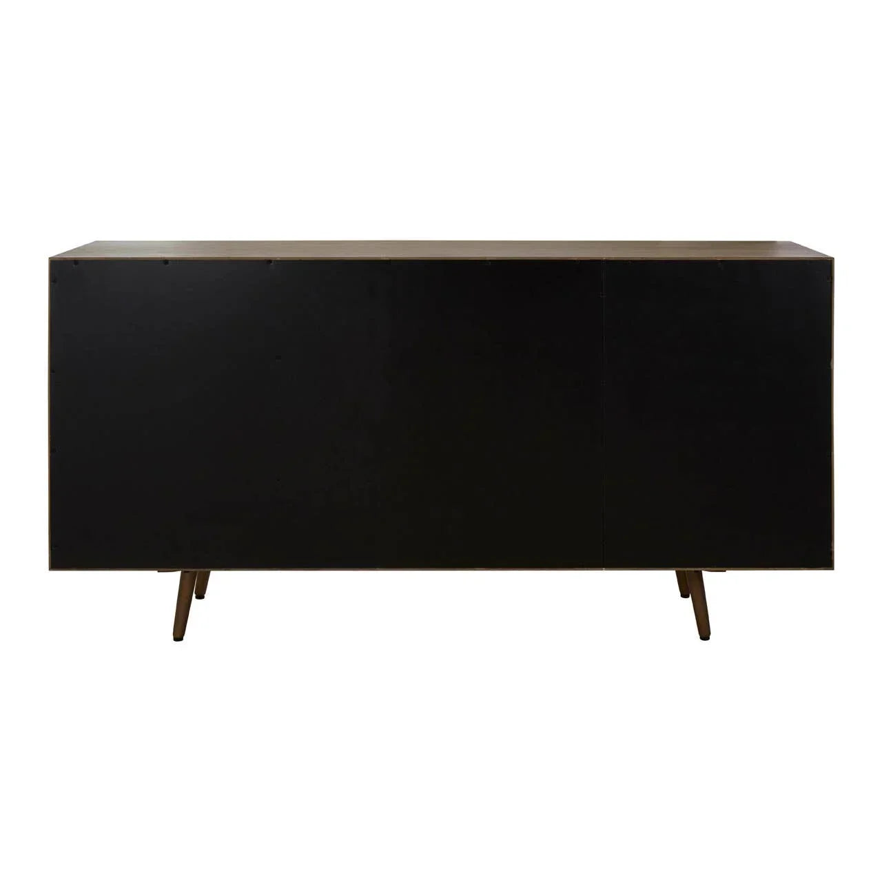 Black sideboard cabinet with wood top and angled legs, viewed from the back