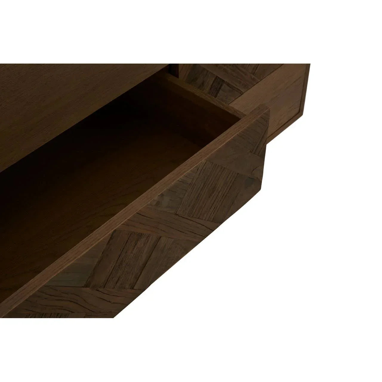 Wooden drawer with parquet pattern front, shown open to highlight storage detail