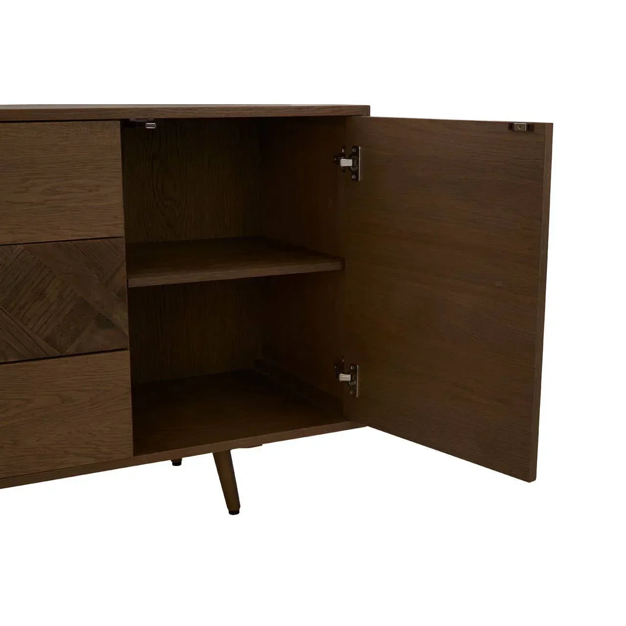 Brown wooden sideboard cupboard open showing interior shelf and storage space
