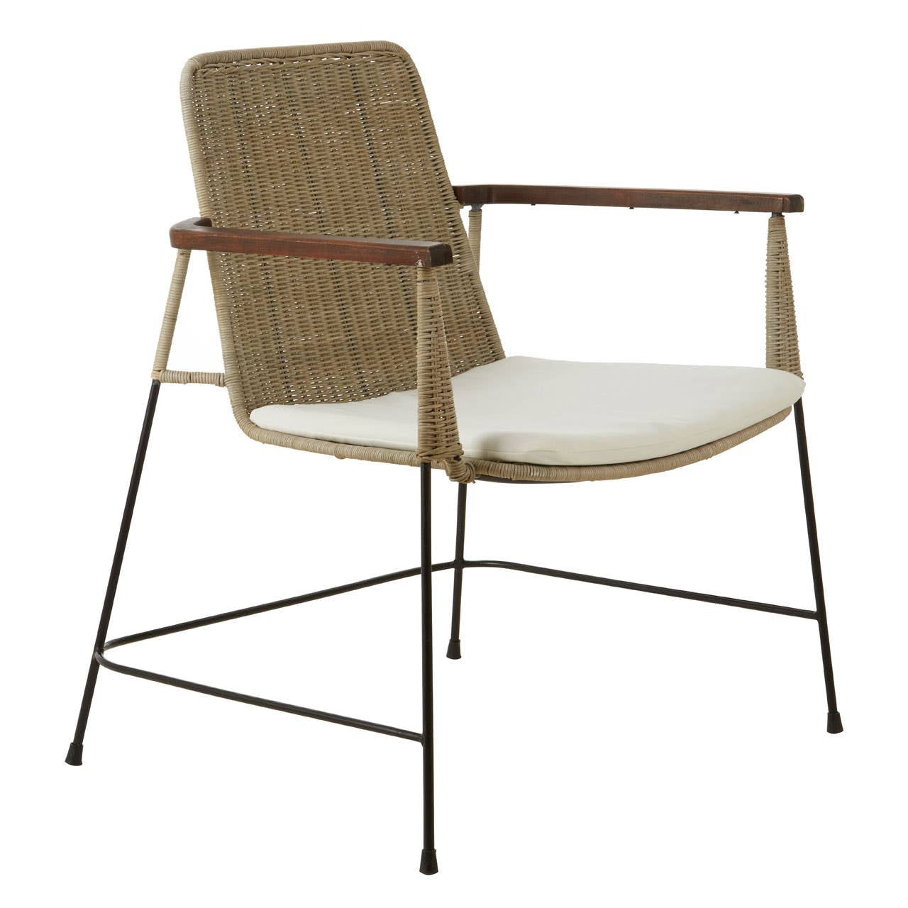 Natural rattan chair featuring a traditional design with a light beige seat cushion, wooden armrests, and slender metal legs. The backrest is woven with rattan, creating a textured appearance