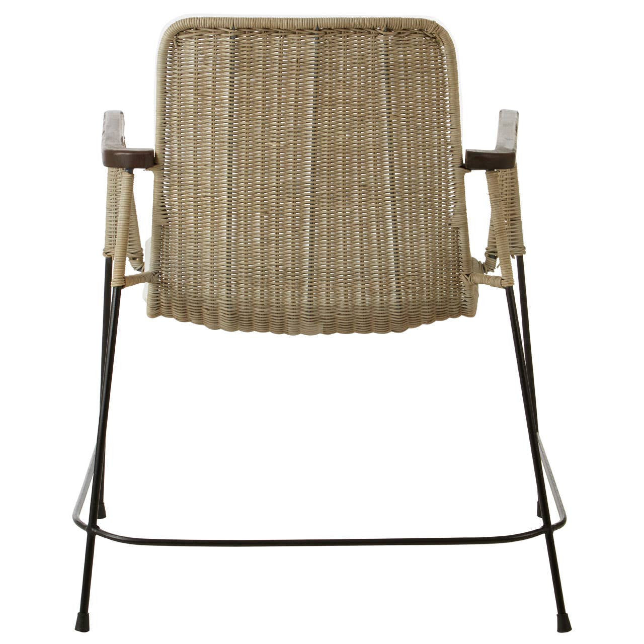 Natural rattan chair with a traditional design, featuring a woven backrest and armrests, supported by a sleek metal frame. The chair is shown from the back, highlighting its textured surface and sturdy construction