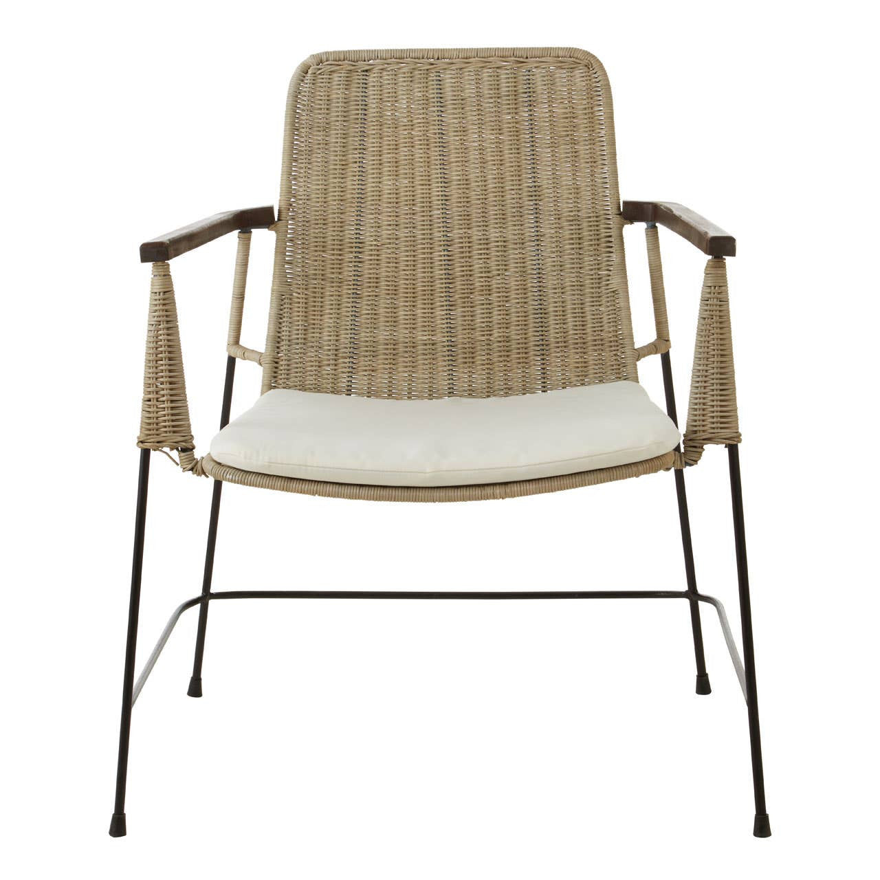 Natural rattan chair with a traditional design featuring a woven backrest and seat, complemented by a white cushion. The chair has slender metal legs and armrests, showcasing a blend of natural textures and modern aesthetics