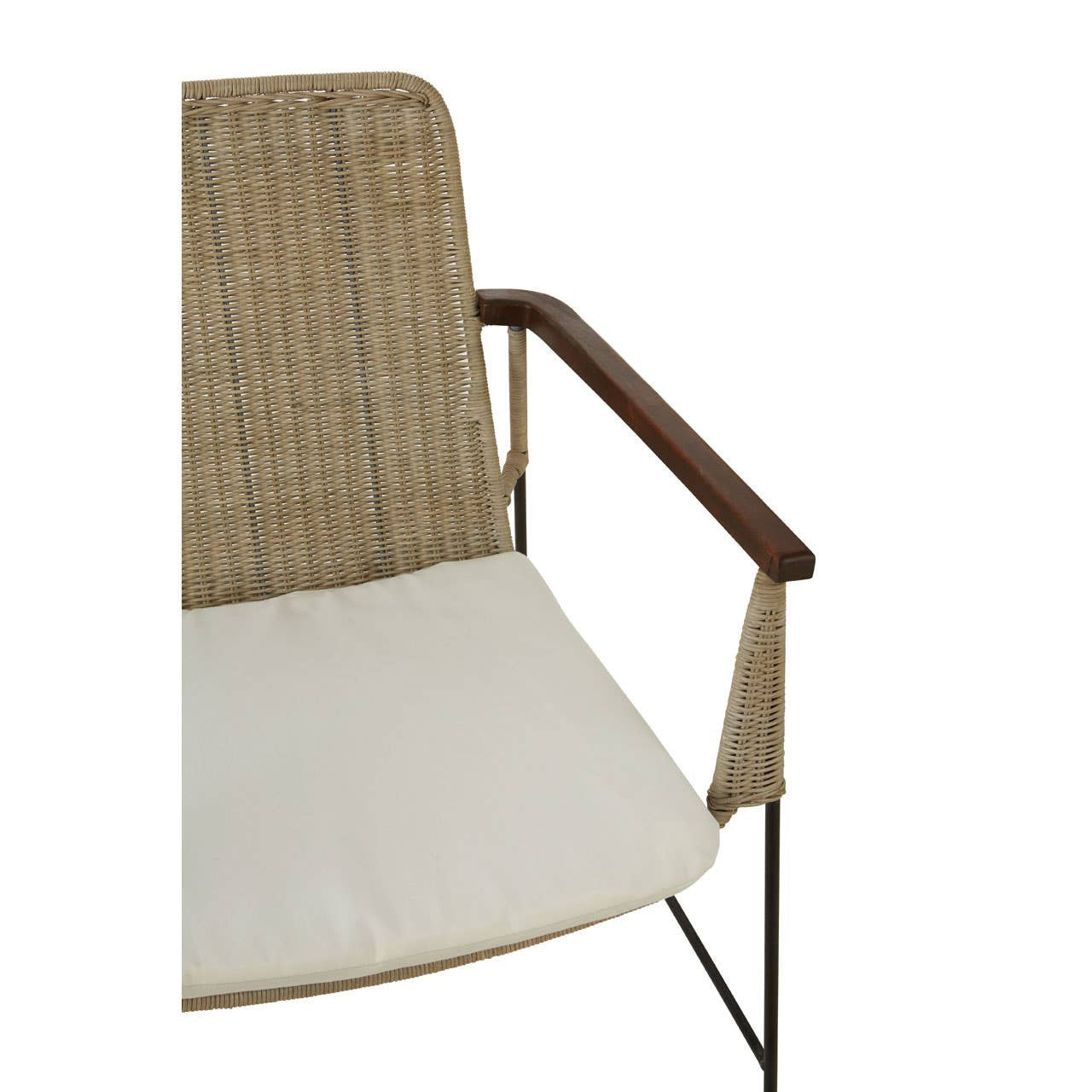 Natural rattan chair featuring a traditional design with a woven backrest and a cream-colored seat cushion. The chair has wooden armrests and a sturdy metal frame, showcasing a blend of natural textures and neutral tones