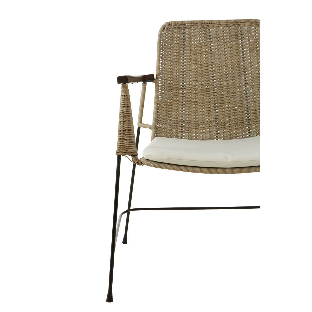 Natural rattan chair featuring a traditional design with a woven backrest and a cushioned seat, supported by sleek metal legs. The chair showcases a warm, earthy color palette, highlighting the texture of the rattan and the simplicity of its form