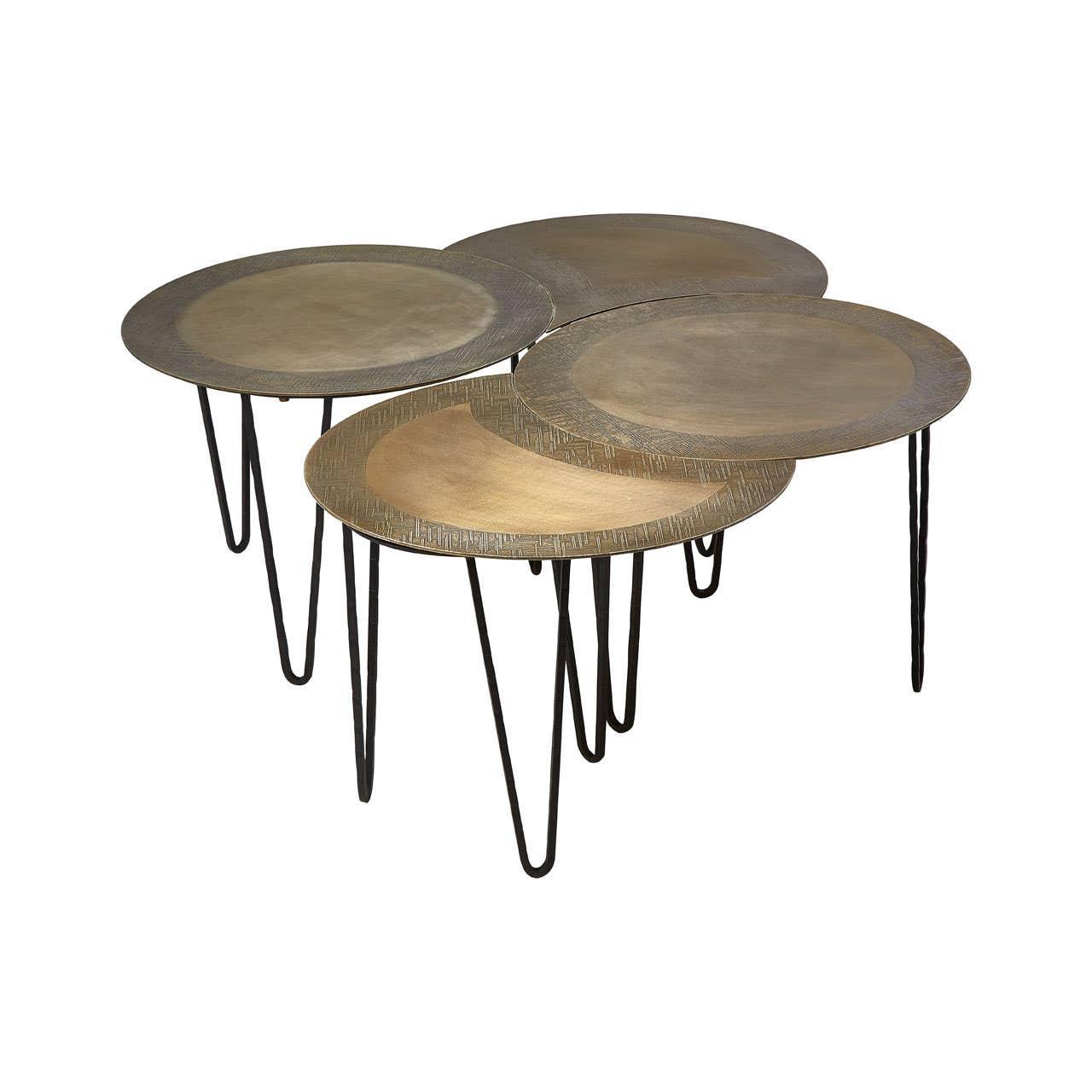 Set of four round metal coffee tables with bronze tops and black hairpin legs