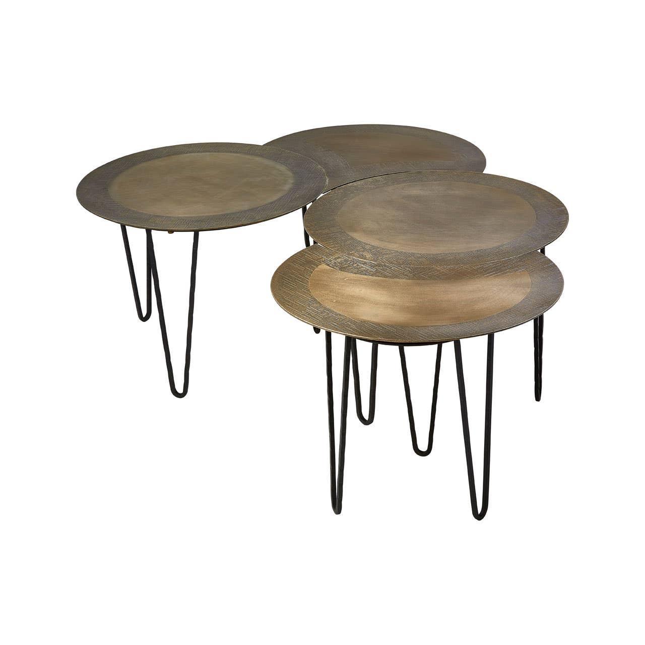 Set of three round nesting coffee tables with bronze tops and black hairpin legs