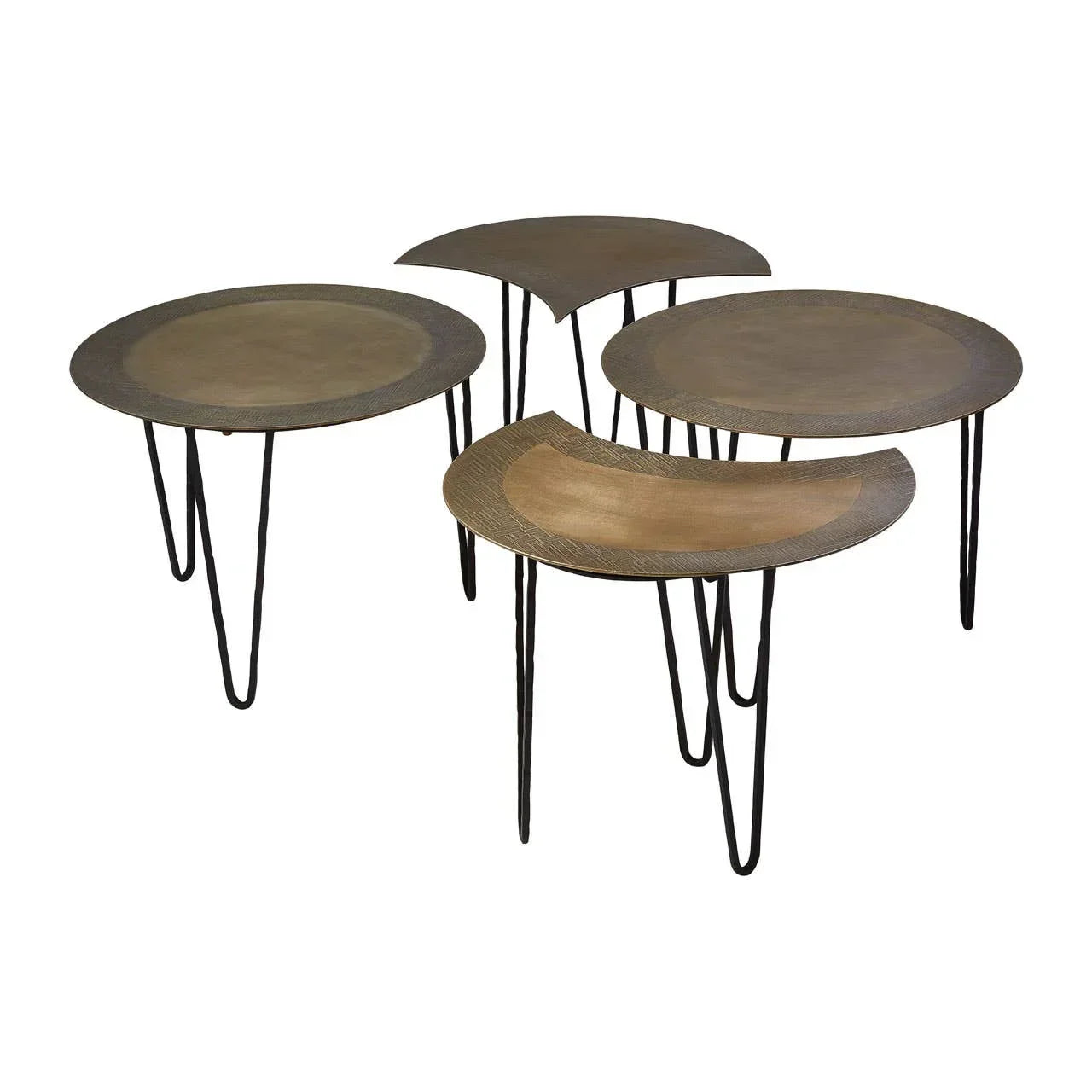 Set of four metal accent tables with bronze tops and black hairpin legs