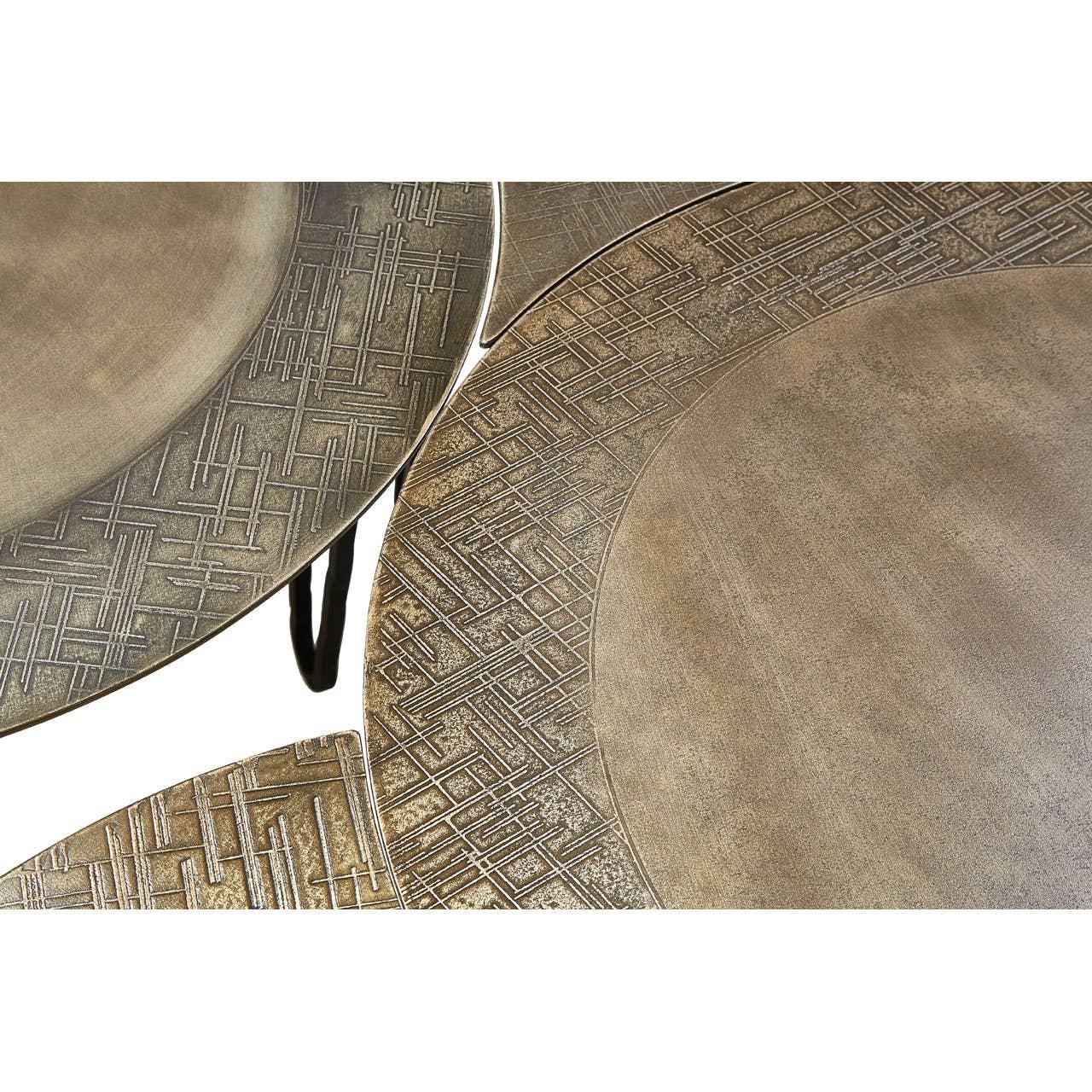 Bronze metal nesting coffee tables with geometric textured pattern and round tops