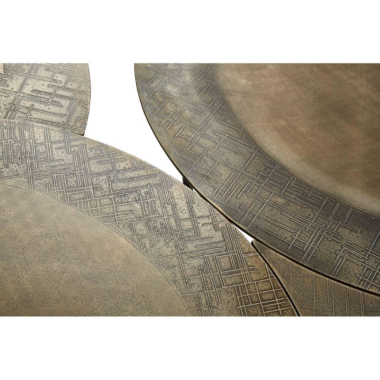 Bronze nesting tables with textured geometric pattern and round tops