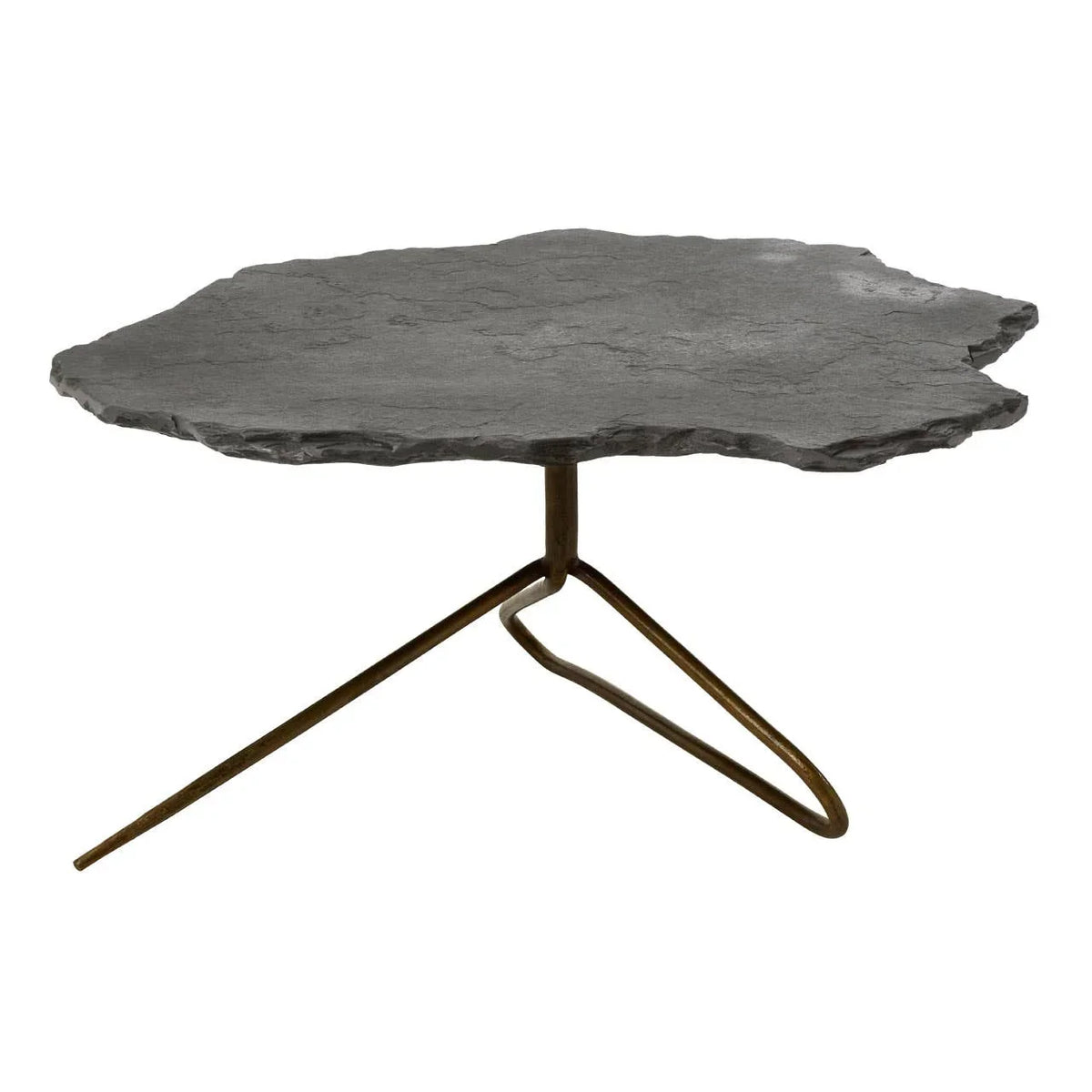 Black slate coffee table with irregular shaped top and angled bronze metal legs
