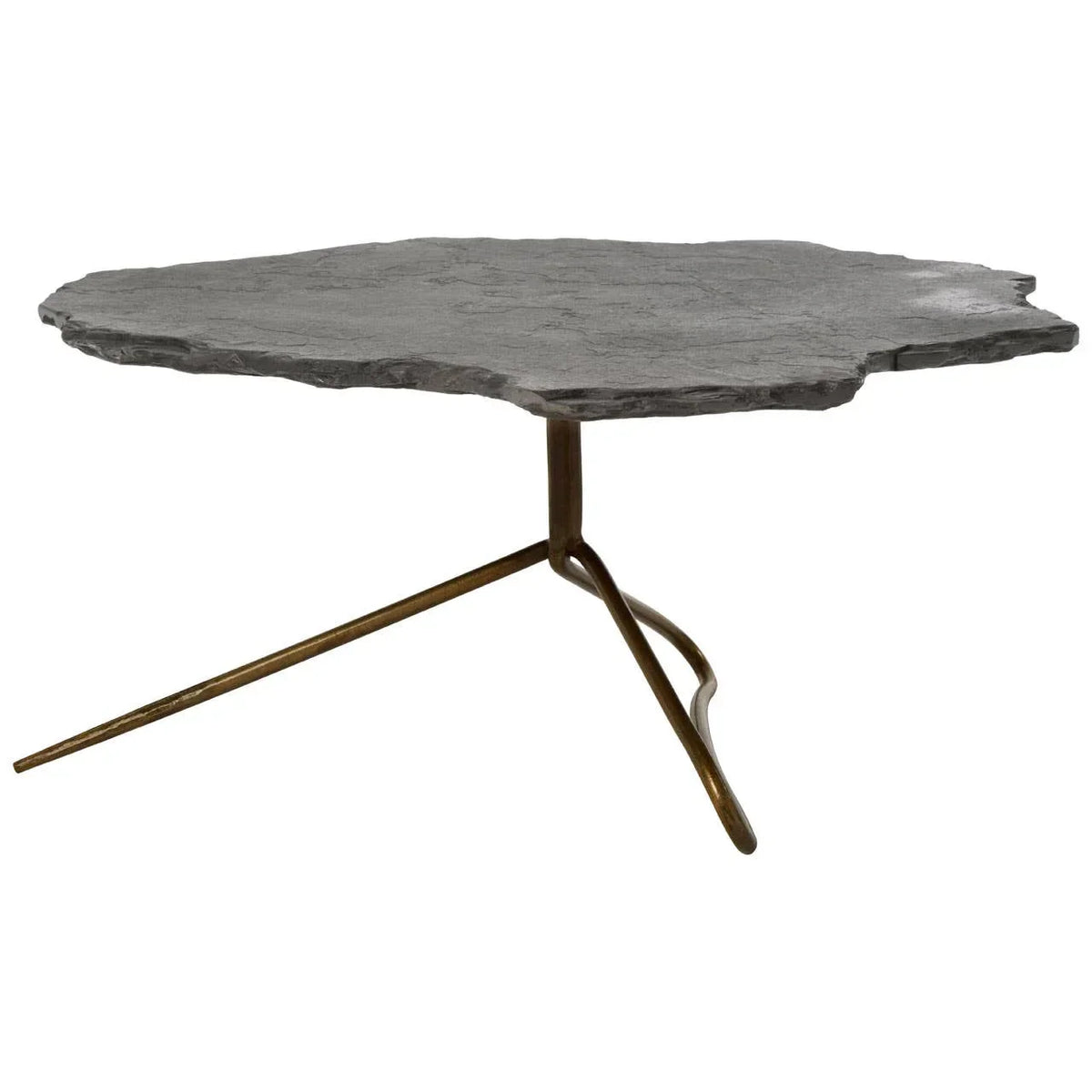 Modern coffee table with irregular grey stone top and three gold metal legs